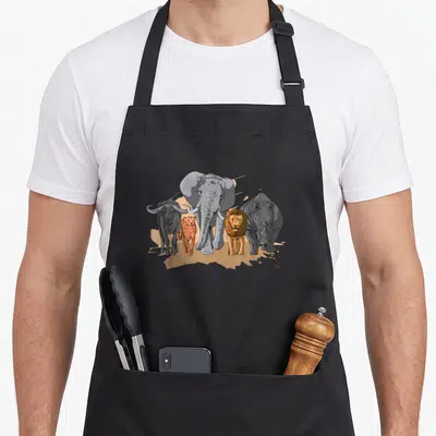 Tablier de cuisine noir avec illustration des cinq grands animaux sauvages d'Afrique en style dessin animé.