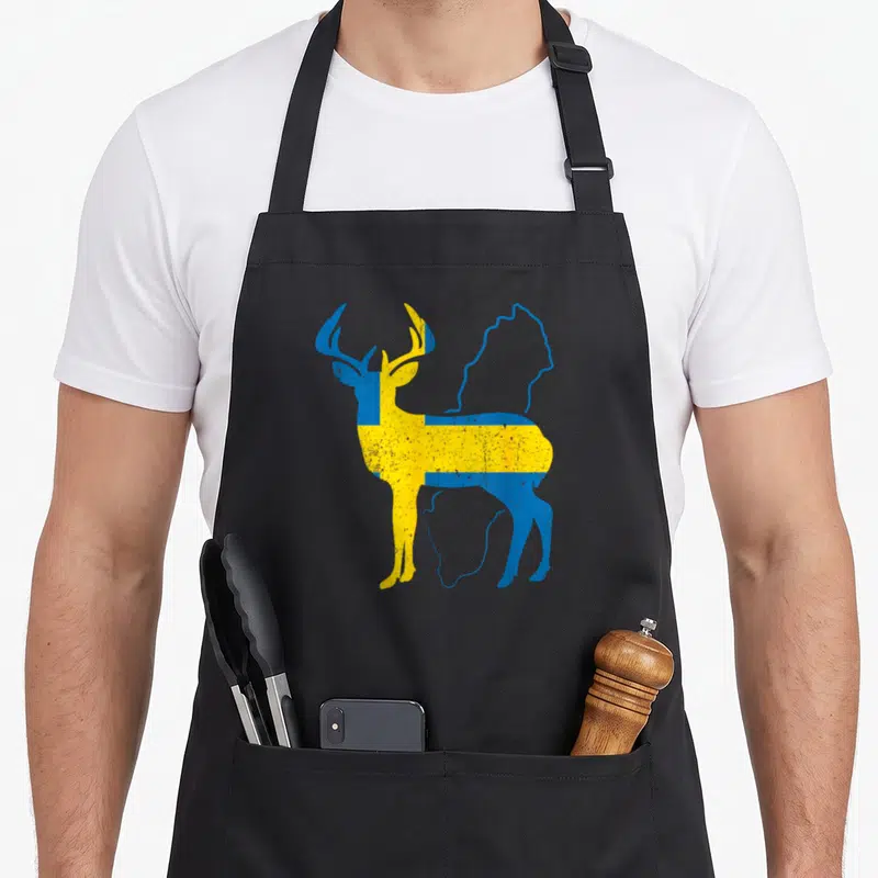 Tablier de cuisine noir avec un cerf aux couleurs du drapeau suédois et des textes sur le thème scandinave