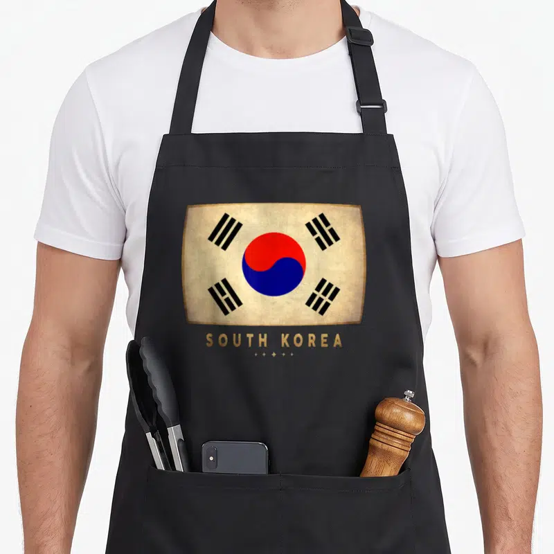 Tablier de cuisine noir avec le drapeau de la Corée du Sud sur fond vieilli et l'inscription South Korea en lettres dorées.