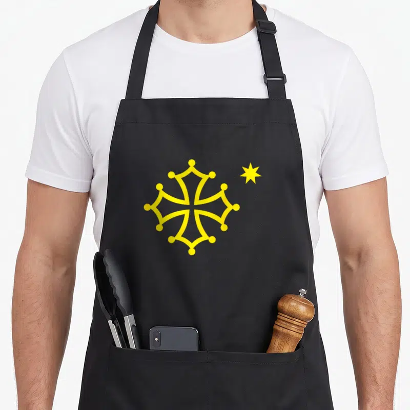 Tablier de cuisine noir avec la croix toulouse jaune et l'occitane à côté.