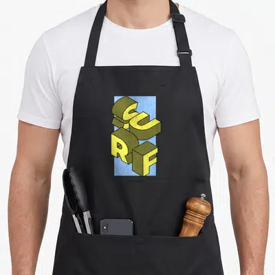 Tablier de cuisine noir avec une illustration isométrique jaune et bleue représentant le mot Surf en lettres 3D texturées.