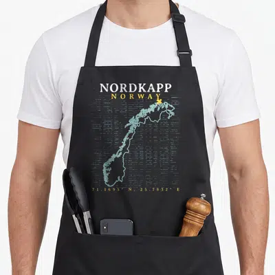 Tablier de cuisine noir avec carte stylisée de la Norvège et inscription Nordkapp en blanc et jaune.