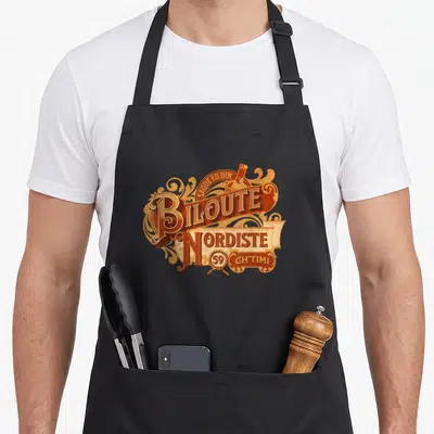 Tablier de cuisine noir avec le logo coloré Biloute Nordiste Saque ed'din et les détails graphiques ch'timi.