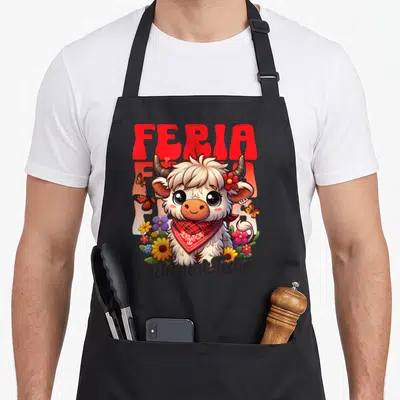 Tablier de cuisine noir avec un taureau cartoon aux fleurs et le texte Feria Rouge Vachement Festive imprimé en couleur.