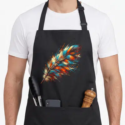 Tablier de cuisine noir avec une grande plume tribale aux couleurs orange, bleu et blanc sur fond uni.