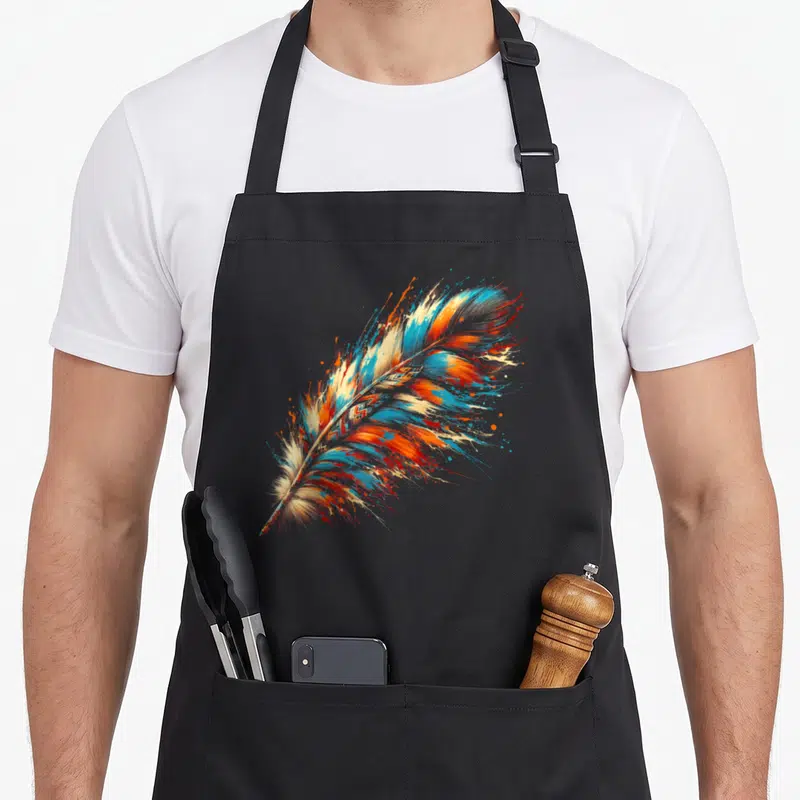 Tablier de cuisine noir avec une grande plume tribale aux couleurs orange, bleu et blanc sur fond uni.