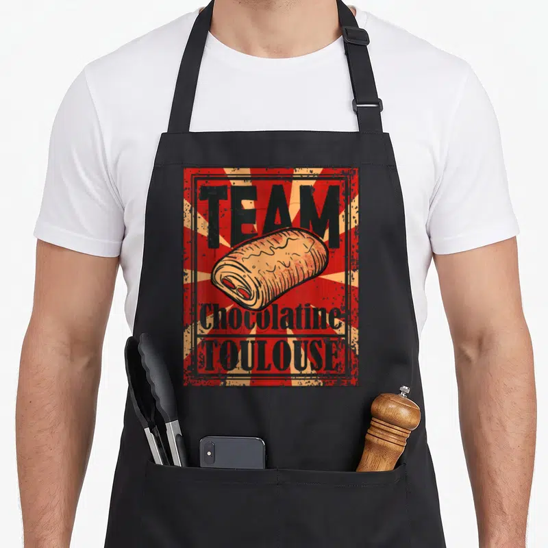 Tablier de cuisine noir avec illustration Team Chocolatine Toulouse style poster vintage rouge et noir.