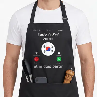 Tablier de cuisine noir avec une interface d'appel téléphonique affichant le drapeau de Corée du Sud et des boutons colorés.