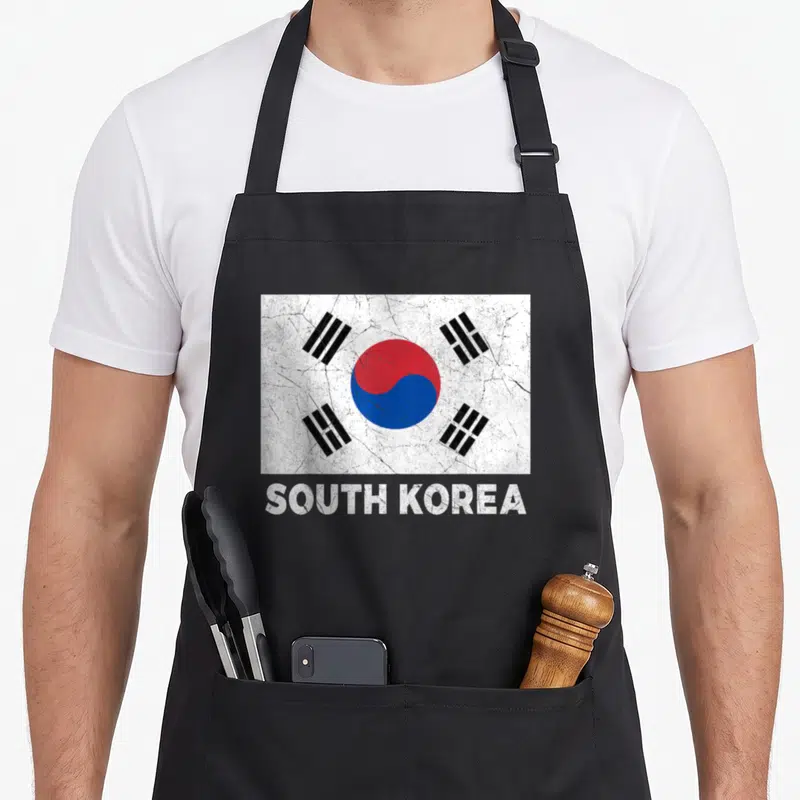 Tablier de cuisine noir avec drapeau Corée du Sud vintage et texte South Korea en bas.