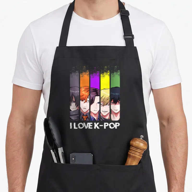 Tablier de cuisine noir avec cinq visages de boyband et le texte I Love K-Pop en bas du motif central.