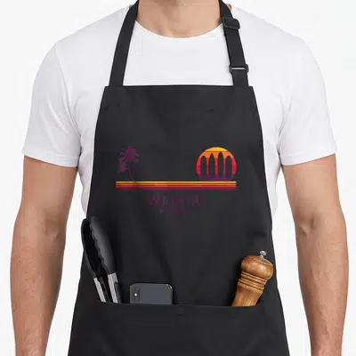 Tablier de cuisine noir avec illustration rétro Waikiki Hawaii palmiers et planches de surf