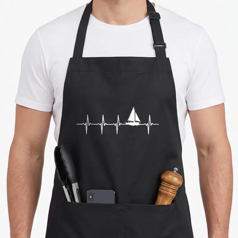 Tablier de cuisine noir avec une ligne de battement de cœur blanche intégrant un voilier au centre du design.
