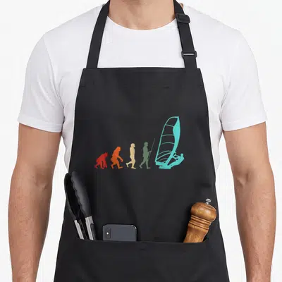 Tablier de cuisine noir avec évolution humaine vers un windsurfer turquoise en silhouette colorée.