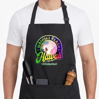 Tablier de cuisine noir avec logo circulaire Waikiki Beach Hawaii Honolulu surfeur grunge multicolore