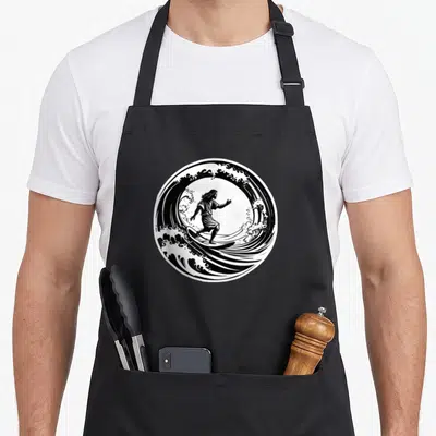 Tablier de cuisine noir avec un motif circulaire représentant Jésus surfeur dans une grande vague stylisée.