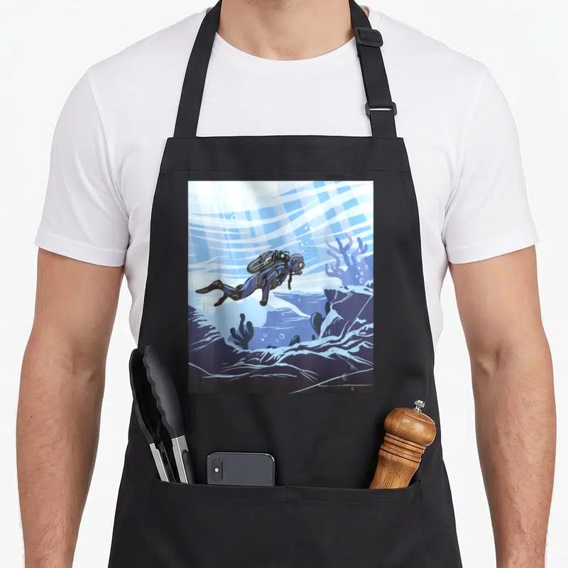 Tablier de cuisine noir avec illustration d'un plongeur sous-marin et des vagues stylisées en bleu et blanc.