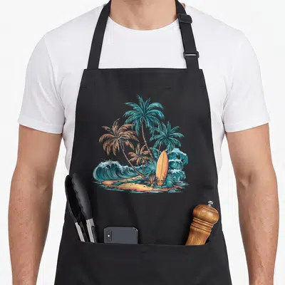 Tablier de cuisine noir avec illustration d'une planche de surf orange sur une petite île aux palmiers et vagues bleues.