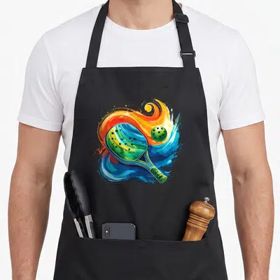 Tablier de cuisine noir avec raquette de pickleball et balle verte sur fond de couleurs vives.