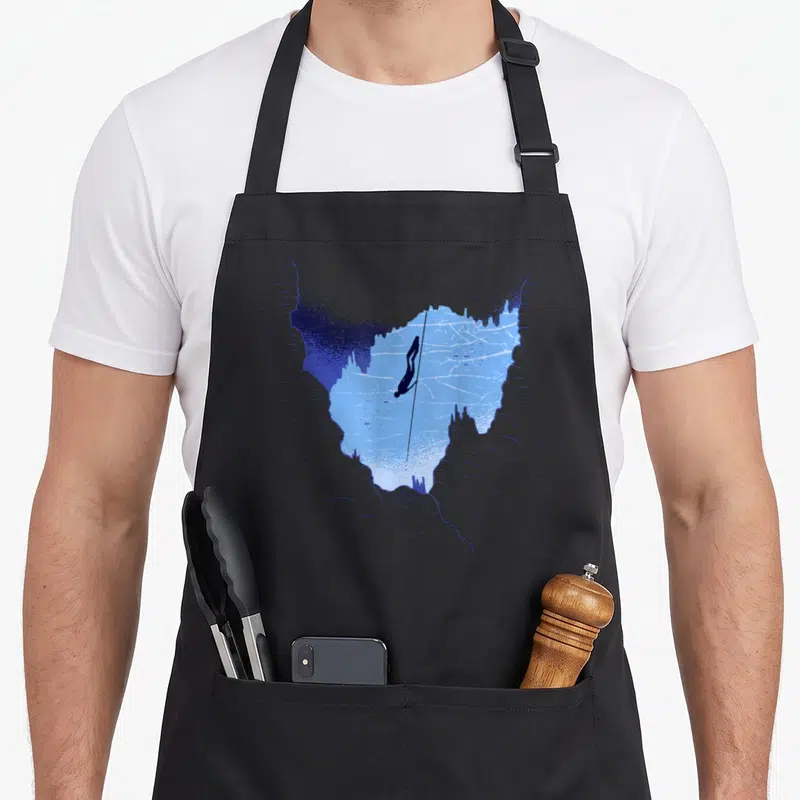 Tablier de cuisine noir avec illustration d'une apnée plongeant dans un décor sous-marin bleu et gris.