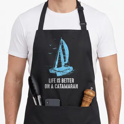 Tablier de cuisine noir avec illustration d'un catamaran bleu et le texte Life Is Better On A Catamaran en blanc.