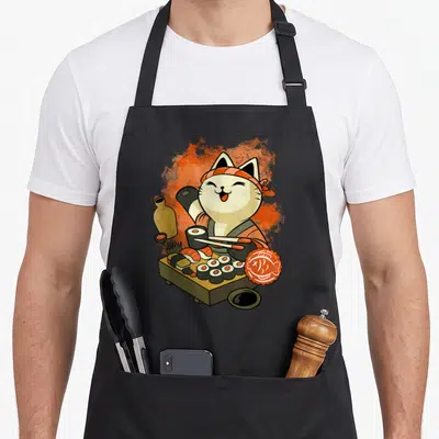 Tablier de cuisine noir avec un chat blanc portant un bandeau et tenant des baguettes au-dessus d'un plateau de sushi.