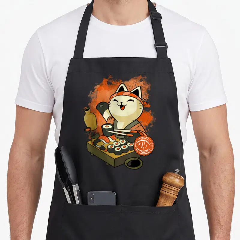 Tablier de cuisine noir avec un chat blanc portant un bandeau et tenant des baguettes au-dessus d'un plateau de sushi.