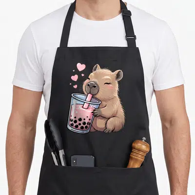 Tablier de cuisine noir avec une capybara kawaii buvant un bubble tea rose entourée de cœurs roses.