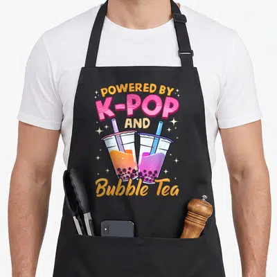 Tablier de cuisine noir avec deux verres de thé aux perles et texte Powered by K-Pop and Bubble Tea en couleurs vives.