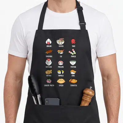Tablier de cuisine noir avec des illustrations colorées d'onigiri, ramen, dango et divers plats asiatiques au style mignon.