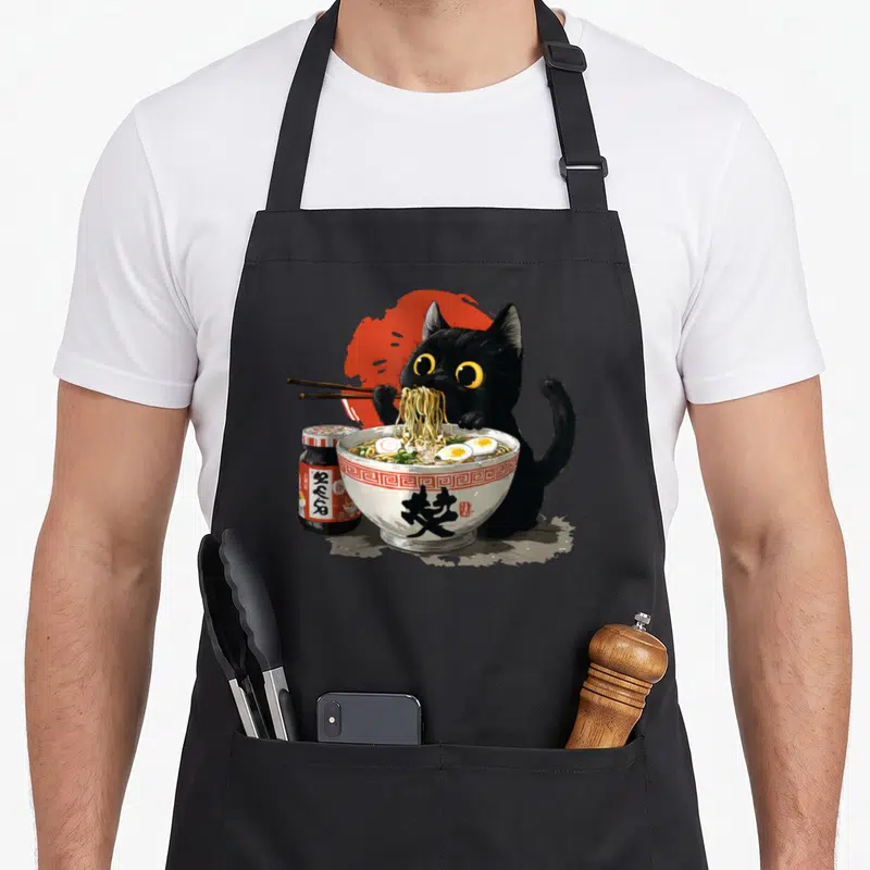 Tablier de cuisine noir avec un chat noir mangeant des nouilles ramen dans un grand bol décoré.