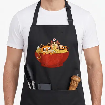 Tablier de cuisine noir avec illustration de trois chats mangeant des nouilles ramen dans un bol rouge orné de motifs japonais.