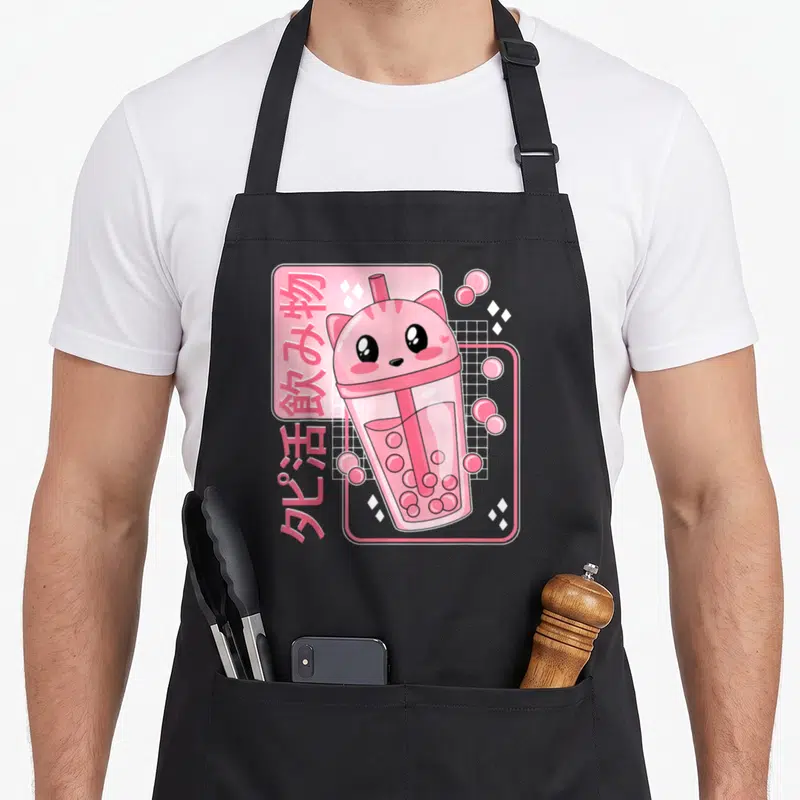 Tablier de cuisine noir avec illustration thé boba chat rose et caractères japonais stylisés.