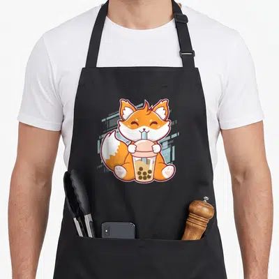 Tablier de cuisine noir avec un renard orangetenant une boisson bubble tea style kawaii japonais