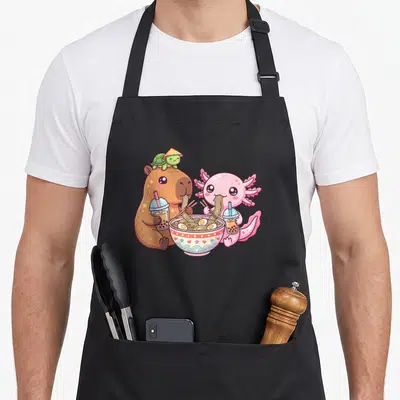 Tablier de cuisine noir avec illustration d'un capybara et d'un axolotl mangeant du ramen et du bubble tea.