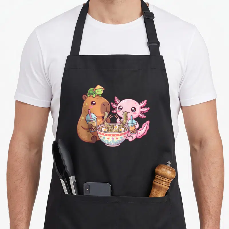 Tablier de cuisine noir avec illustration d'un capybara et d'un axolotl mangeant du ramen et du bubble tea.
