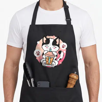 Tablier de cuisine noir avec un chat blanc et noir buvant du thé Boba entouré de bulles roses et de traces de pattes.