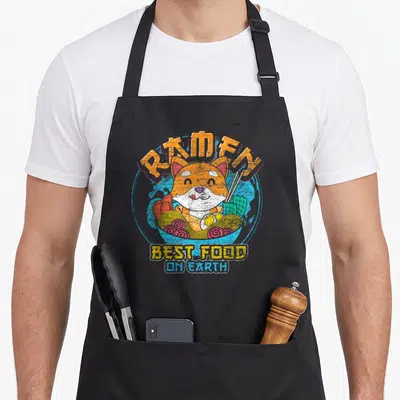 Tablier de cuisine noir avec un Shiba Inu mangeant du ramen et des chopsticks dans un bol coloré.