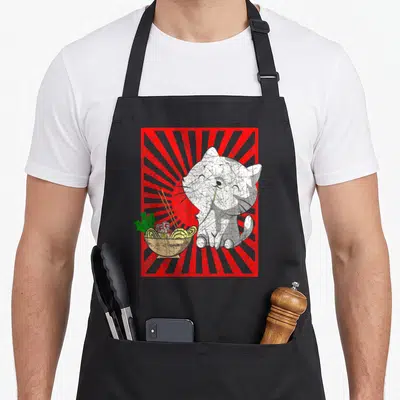 Tablier de cuisine noir avec illustration d'un chat gris mangeant des nouilles ramen devant un fond rouge à rayons gris.