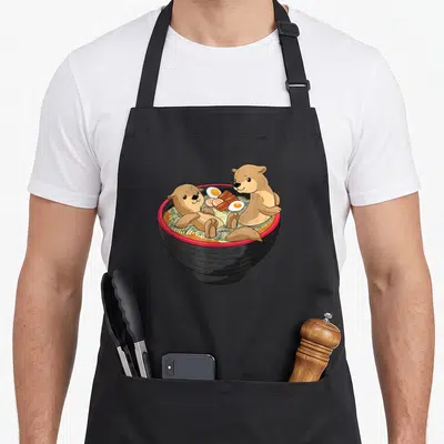 Tablier de cuisine noir avec illustration de deux loutres kawaii dans un bol de ramen aux œufs et nori.