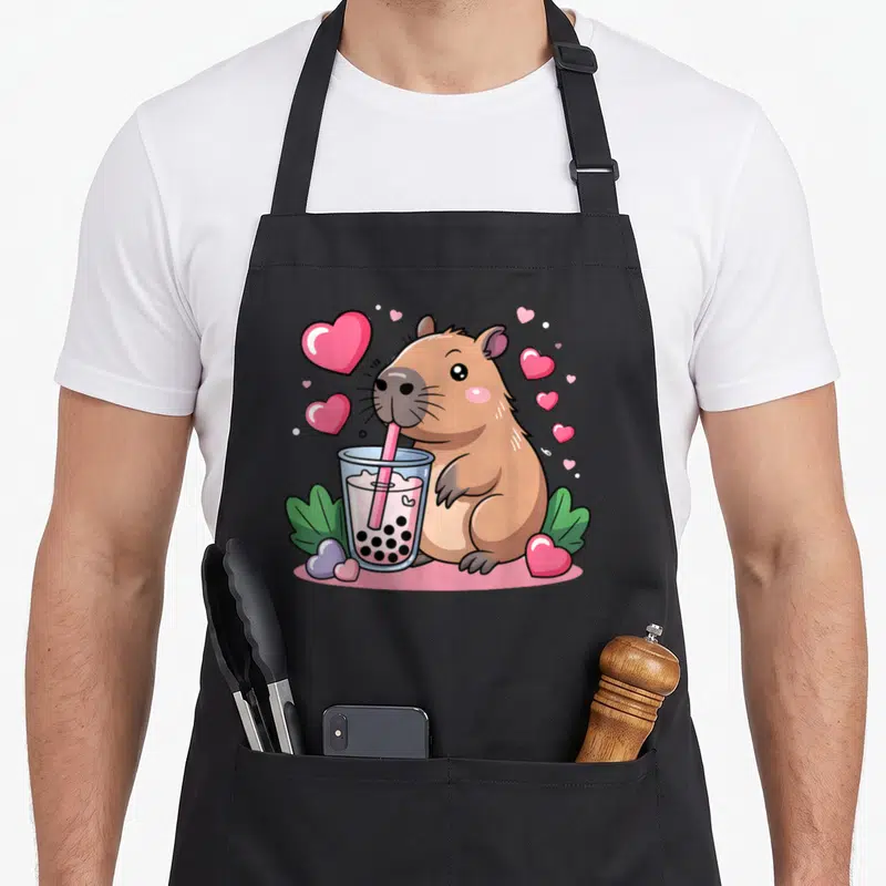 Tablier de cuisine noir avec capybara marron buvant un boba rose entouré de cœurs roses et verts.