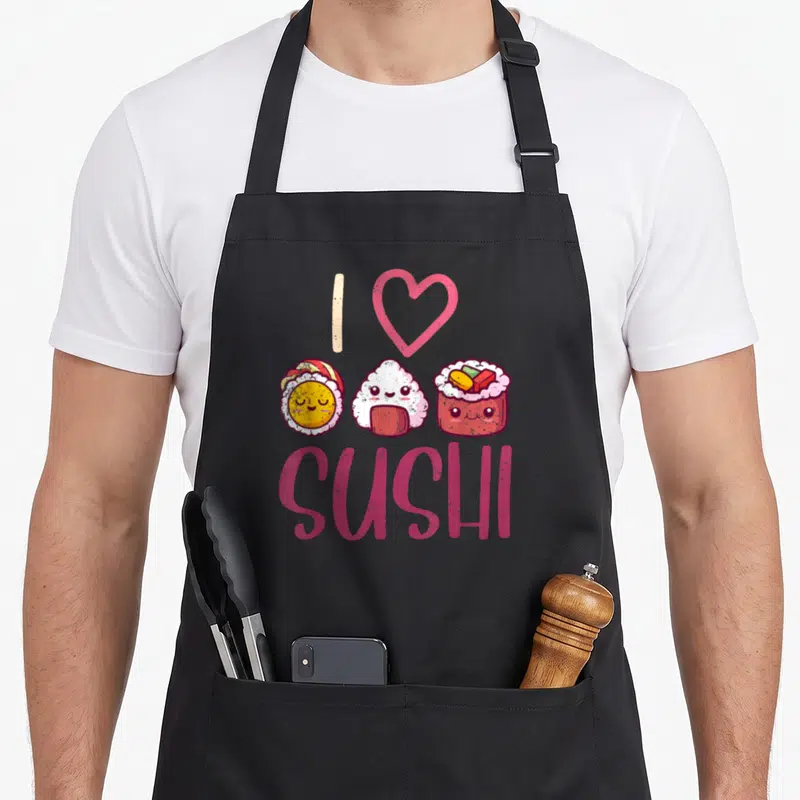 Tablier de cuisine noir avec trois pièces de sushi souriantes et le mot Sushi en lettres roses stylisées.