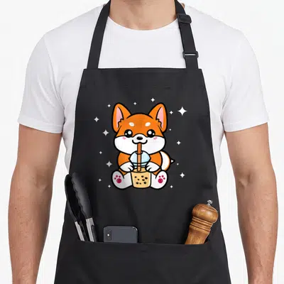 Tablier de cuisine noir avec un Shiba Inu kawaii tenant une boisson boba bubble tea entourée d'étoiles scintillantes.