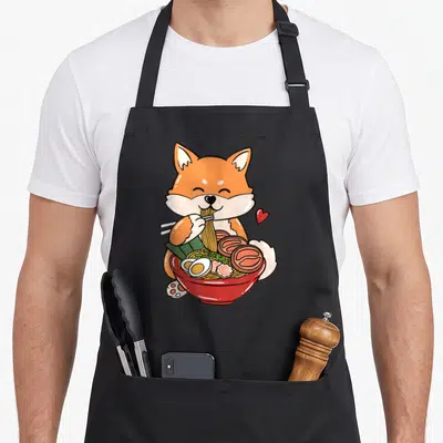 Tablier de cuisine noir avec un Shiba Inu mangeant un bol de ramen rouge avec des baguettes et un cœur.