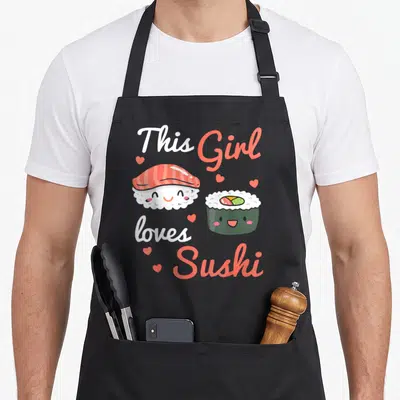 Tablier de cuisine noir avec deux pièces de sushi aux visages souriants et le texte This Girl loves Sushi en lettres blanches et oranges.