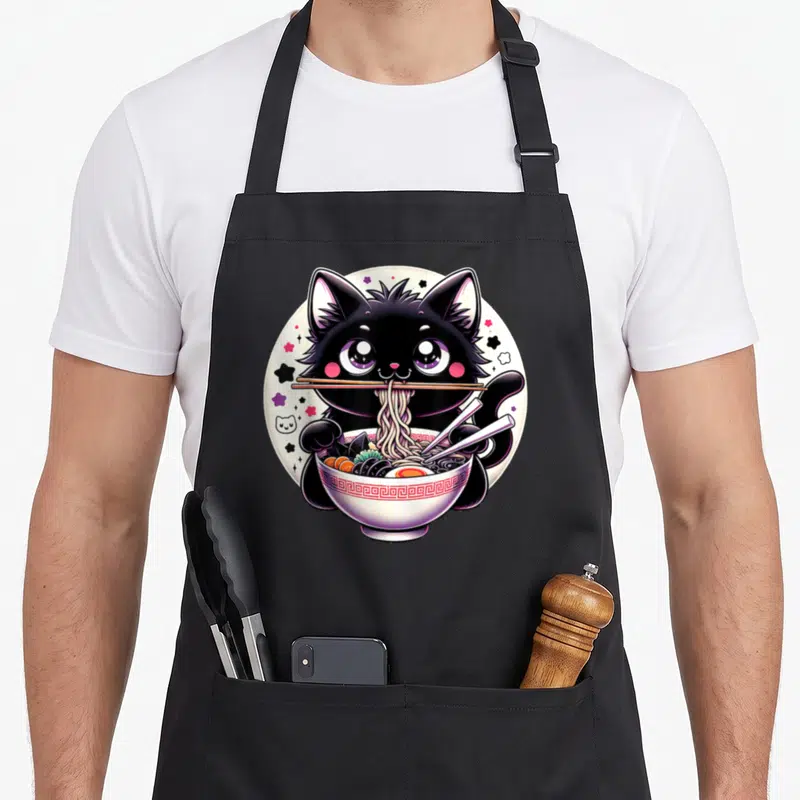 Tablier de cuisine noir avec illustration d'un chat noir mangeant des nouilles ramen dans un bol décoré.
