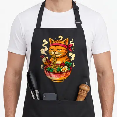 Tablier de cuisine noir avec illustration colorée d'un chat mangeant des nouilles ramen dans un bol traditionnel.