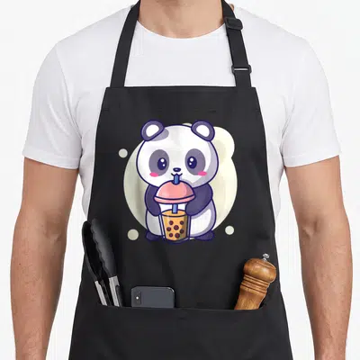 Tablier de cuisine noir avec illustration d'un panda mignon tenant une boisson boba bubble tea rose et marron.