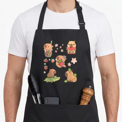 Tablier de cuisine noir avec des illustrations de capybaras kawaii, boba tea, fraises et fleurs de sakura roses.