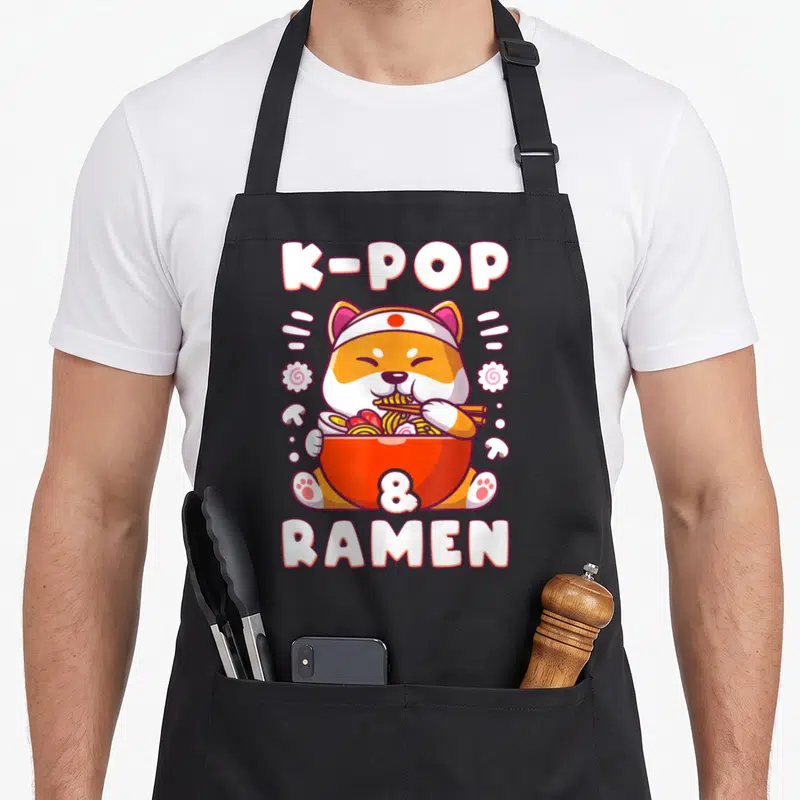 Tablier de cuisine noir avec illustration d'un Shiba Inu mangeant du ramen et du texte K-POP RAMEN