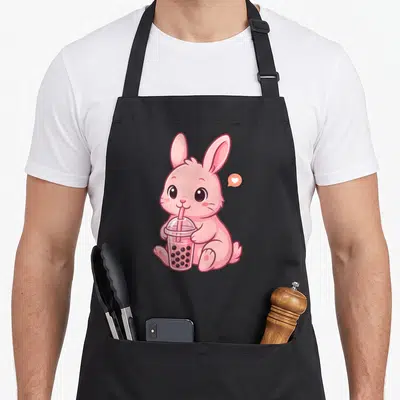 Tablier de cuisine noir avec un lapin rosetenant une tasse à perles et un cœur flottant.